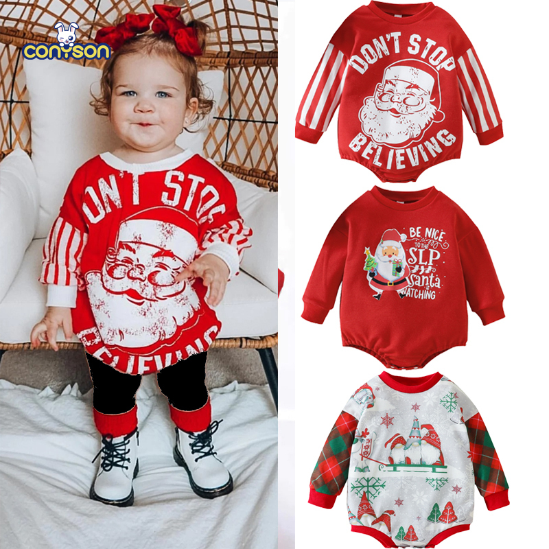Conyson Christmas Baby Girls Boys Cotton Jumpsuits 0-24M  Letter Printed Long Sleeve Infant Baby sweatshirt Romper
