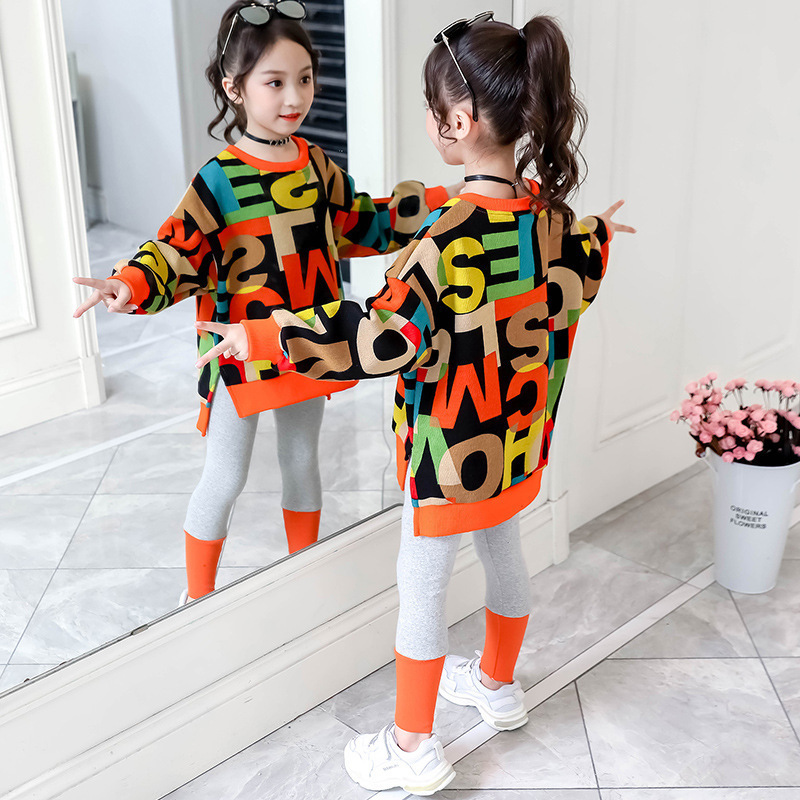 Autumn Kid Clothing Fashion Casual Set Kid Letter Sweater Leggings Two-piece Set