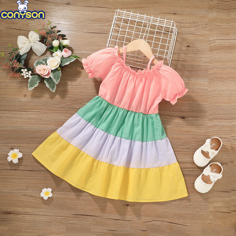Conyson New Newborn Baby Clothes Girl Dress Summer Kids Clothing Cotton Rainbow Striped Halter Sleeveless Princess Vest Dresses