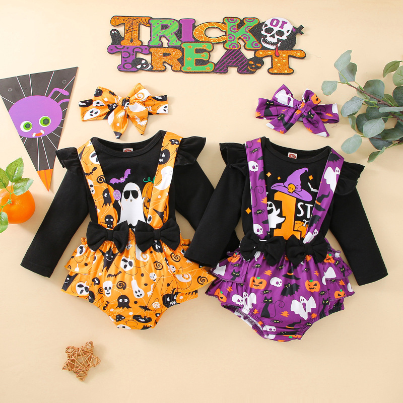 Halloween Baby Girl Toddler Suits Printing Pumpkin Ghost Long Sleeve Romper Bow Overalls Sets Party Club Cosplay Costume