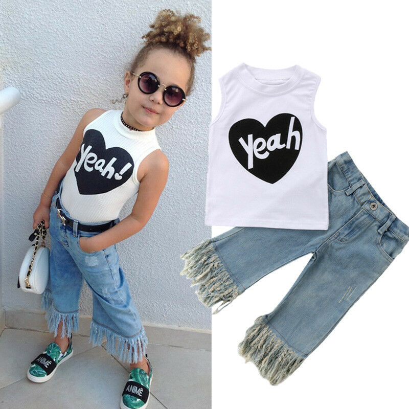 Conyson fashion boutique Baby suit Spring summer tank top Sleeveless print vest kid clothing girl cotton denim pants clothes Set