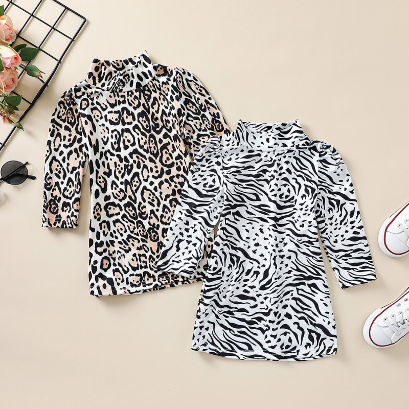 Conyson Infant Baby Girls Spring Casual Dress Leopard Zebra Print Mock-Neck Long Sleeves Outfit Little Girls Knee-Length Dresses