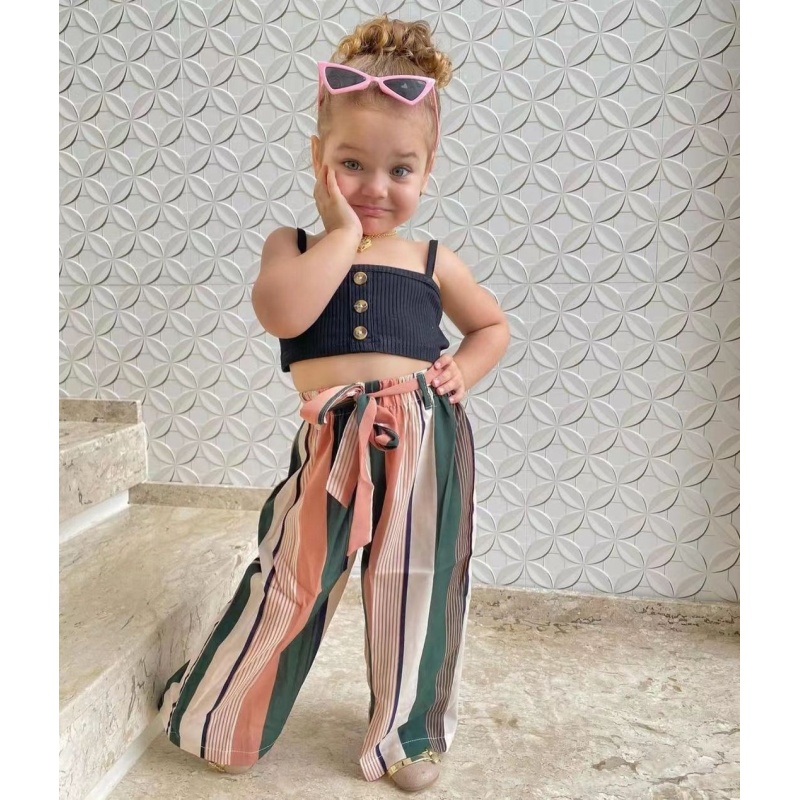 Conyson Wholesale High Quality Black Knitting Top Stripe Long Pants Two Pieces Littler Girls Boutique Outdoor Wear Casual Suits