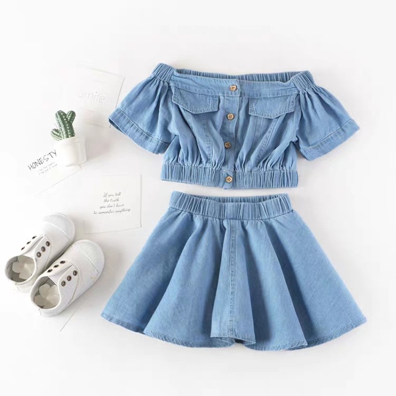 Summer New Fashion Girls Summer Hot Sale Toddler Girl Clothing Set Kids Off Shoulder Button Denim Top And Jeans Skirt Set