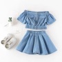 Summer New Fashion Girls Summer Hot Sale Toddler Girl Clothing Set Kids Off Shoulder Button Denim Top And Jeans Skirt Set