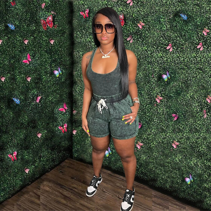 2023 Summer New 2 Piece Set Solid Tie Dye Printed Vest Shorts Suit Tied Rope Fitness Workout Yoga Sports Two-Piece Women Set