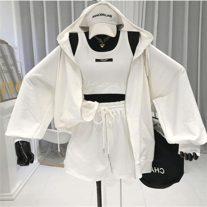 Wholesale AUTUMN fashion designer women's short Clothes sport suit woman clothing three-piece adult tank top shorts hoodie Sets