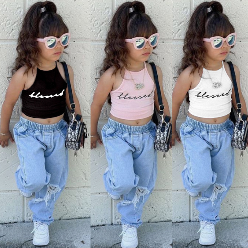 Conyson Custom Baby girl Clothing Girl Outfits Halter Short Sleeve Off Shoulder T-shirt Tops+Hole Pant Leggings 2PCS Outfit set