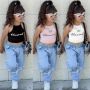 Conyson Custom Baby girl Clothing Girl Outfits Halter Short Sleeve Off Shoulder T-shirt Tops+Hole Pant Leggings 2PCS Outfit set