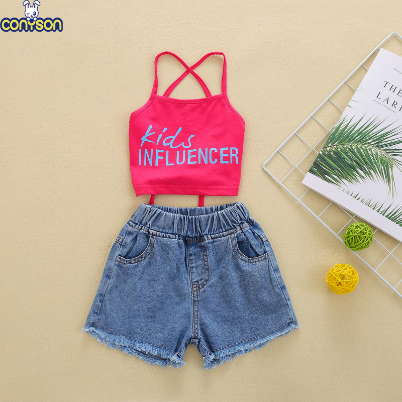 Conyson Summer Wholesale Children Print 2-5 Years Sleeveless Top+Jeans set Cute Baby Girl 2 Pieces Kids Clothing Matching Sets