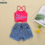 Conyson Summer Wholesale Children Print 2-5 Years Sleeveless Top+Jeans set Cute Baby Girl 2 Pieces Kids Clothing Matching Sets