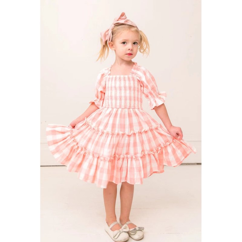 Conyson New Arrivals Summer Fashion Shirring Design Square Collar Sweet Puff Sleeve Lattice Floral Girl Formal Princess Dress