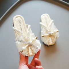 Conyson Special Design Children Fish tip Anti-slip Slides Sandals Plain Lace Bowknot Pearl Elegant Baby girl Princess Slippers