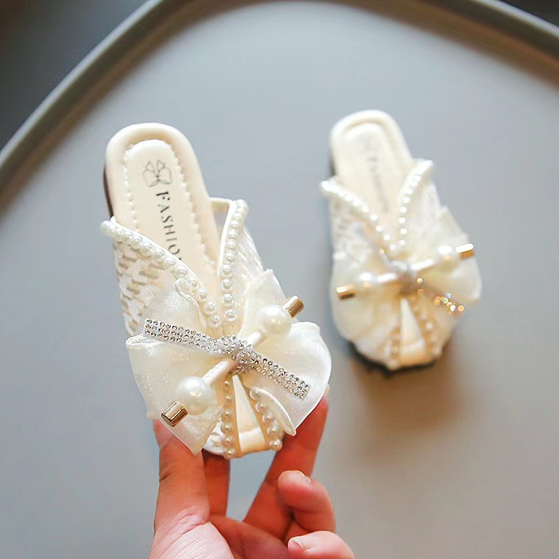 Conyson Special Design Children Fish tip Anti-slip Slides Sandals Plain Lace Bowknot Pearl Elegant Baby girl Princess Slippers