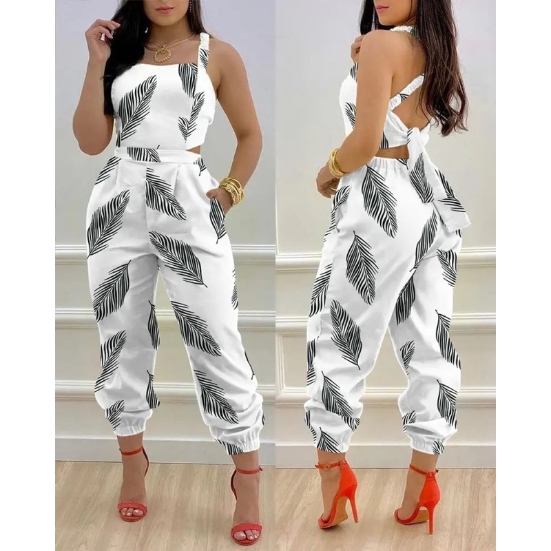 Spring And Summer New Fashion Suspender Vest Apparel Boutique Clothing Backless Bow Print High Waist Jumpsuit Women Clothes