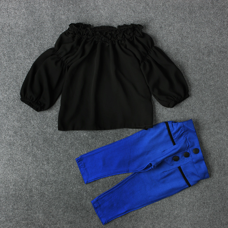 Hot-selling Chiffon Collar Kids Off Shoulder Outfit Girls Boutique Clothing Two Piece Set Children