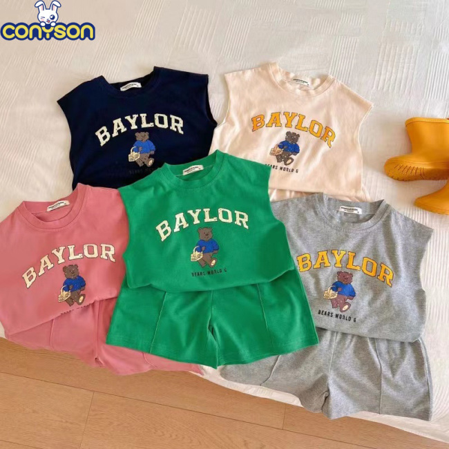 Conyson Latest Design Summer Two Piece Kids Cartoon Clothes Sets Little 2pcs Two Piece Cotton Sleeveless Kid Boys Clothing Set