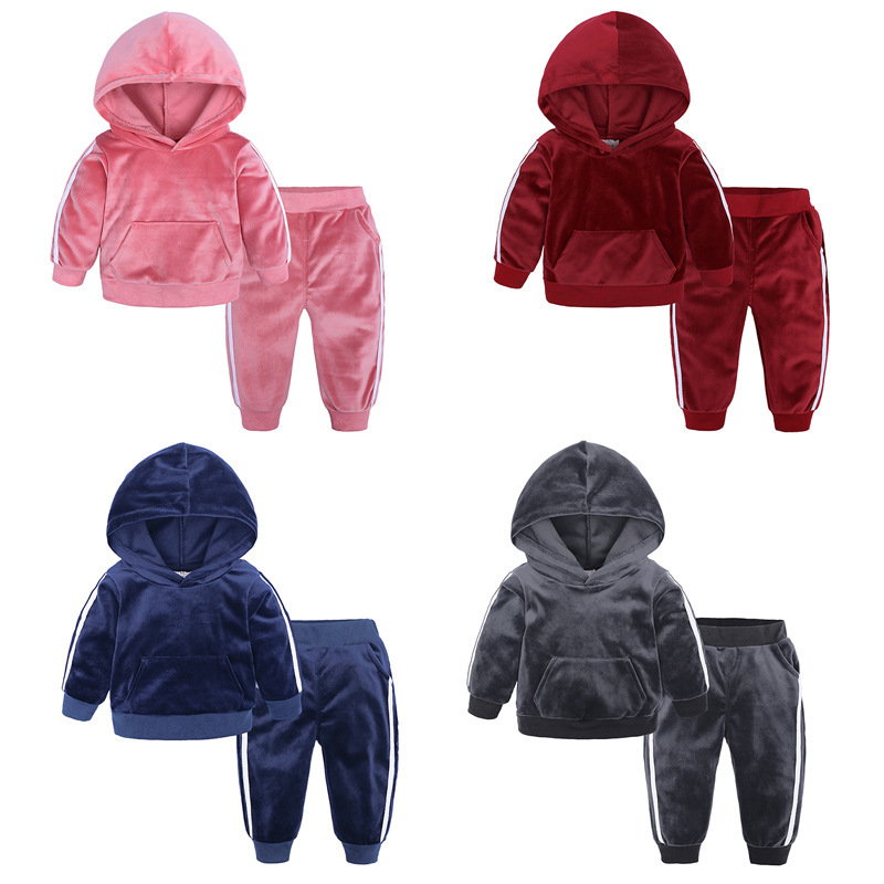 The Latest Design Explosion Gold Velvet Children Long Sleeve Kids Hooded Clothes Sets  Suits For Kids Boys