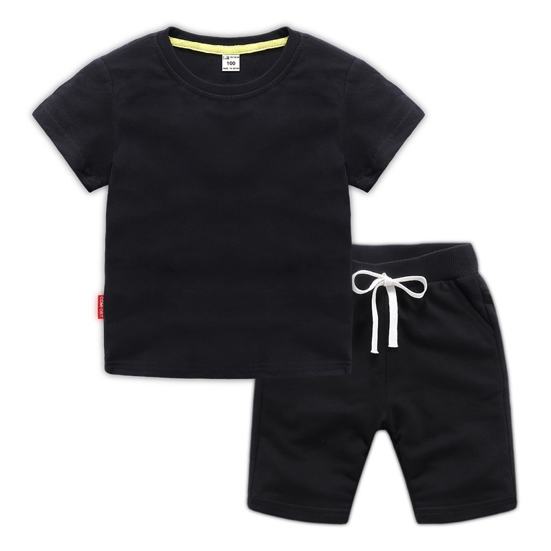 Conyson Hot Sale Custom Logo Fashion Short Sleeve Solid Cotton boutique Jogger 2pcs Suits Kids Boys Short Clothing Tracksuits