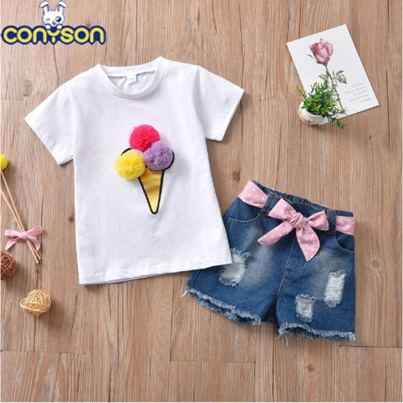 Conyson latest boutique summer fashion style Infant baby casual suit Children's Girl denim shorts Kids wear short Clothing Sets