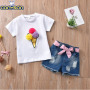Conyson latest boutique summer fashion style Infant baby casual suit Children's Girl denim shorts Kids wear short Clothing Sets