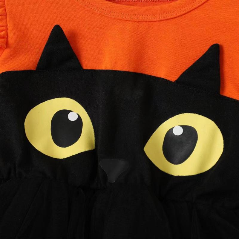 Conyson 1-6 Years Toddler Baby Girl Clothes Long Sleeve Mesh Tulle Princess Dresses Cartoon Cat Halloween Girls Dress