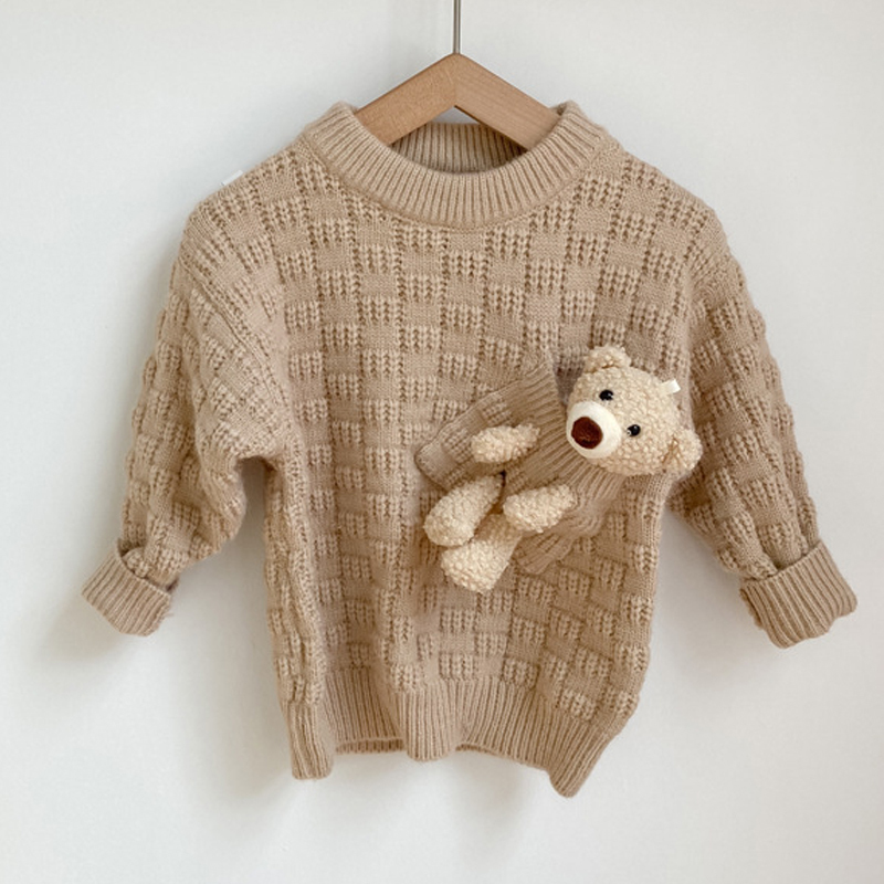 Spring Cute Bear Pocket Toddler Girls Pullover Sweater Solid Color Custom Kids Knit Sweaters Kids Wholesale Sweater
