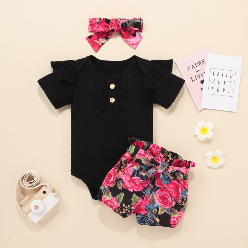 Conyson New Fashion Baby Clothes Baby Girl Romper button short sleeve Newborn Cute Headband Baby Girls Clothing Jumpsuit Romper