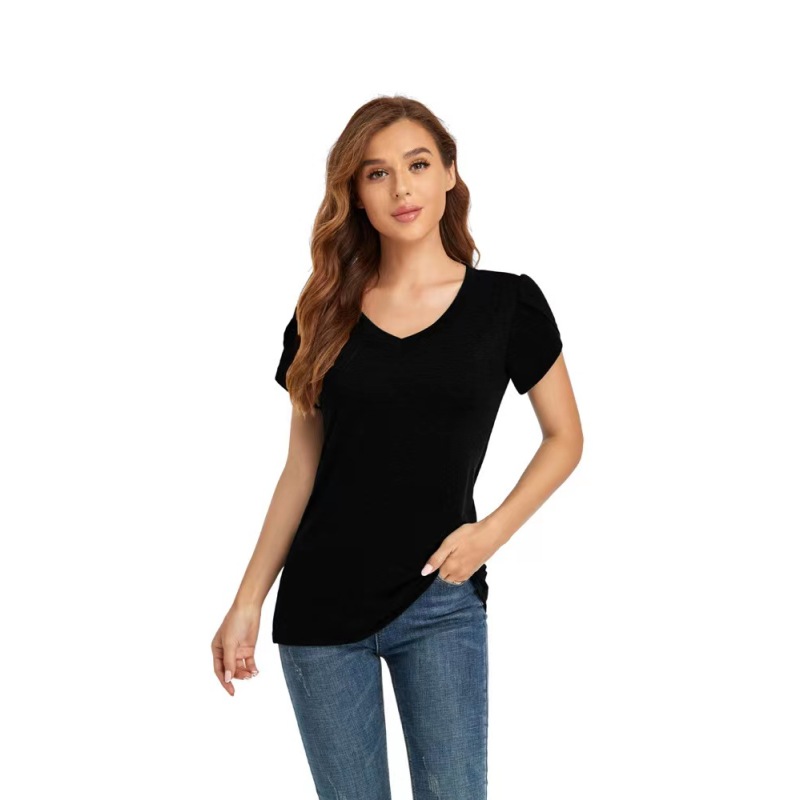 Conyson Hot Wholesale Casual Style Spring Summer Plain V Neck Petal Sleeve Loose Oversize Women White Tops Short T-shirt