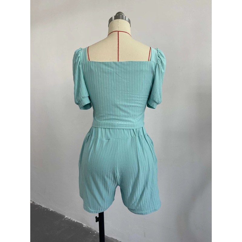 Conyson Spring Fall Clothes Puff Sleeve With Pockets Shorts Set 2 Piece Women Short Sleeve Shirt High Waist Shorts Women's Set