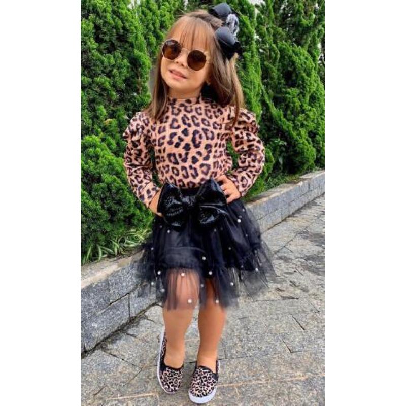 New Children's Leopard Print Long Sleeves Kids Spot Short Sleeve Clothes Dress Set Two-piece Lace Skirt Girls' Suits