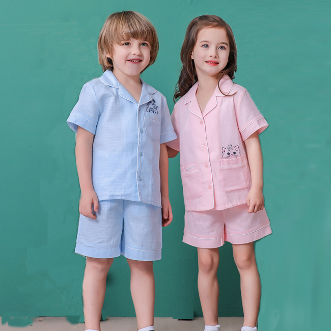 Solid Cotton Kids Cartoon Pajamas Solid Short Sleeves Girls Pyjamas Set Wholesale Kids Custom Two Piece Children Pajama Set