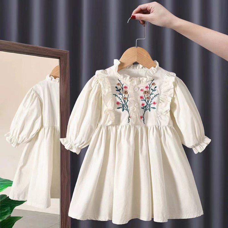 Conyson Stock Lots 3-8 Year Old Long Sleeve Frocks Designs Turn-down Collar Kids Flower Princess Fancy Baby Girls Casual Dress