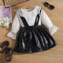 Children's Clothes Suit Girls Lace Bottoming Shirt +Leather PU Strap Skirt 2 Pcs Spring Autumn Baby Fashion Long-Sleeved Outfits