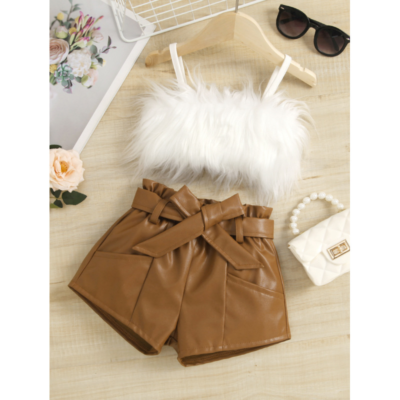 Conyson Summer Children Girls Feather Clothing Sets Sleeveless Fluffy Fur Vest+PU Leather Belt Shorts 2 Piece Casual Outfits