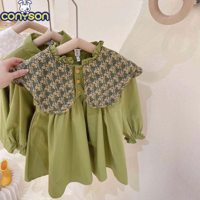 Conyson Stock Lots 3-8 Year Old Long Sleeve Frocks Designs Turn-down Collar Kids Flower Princess Fancy Baby Girls Casual Dress