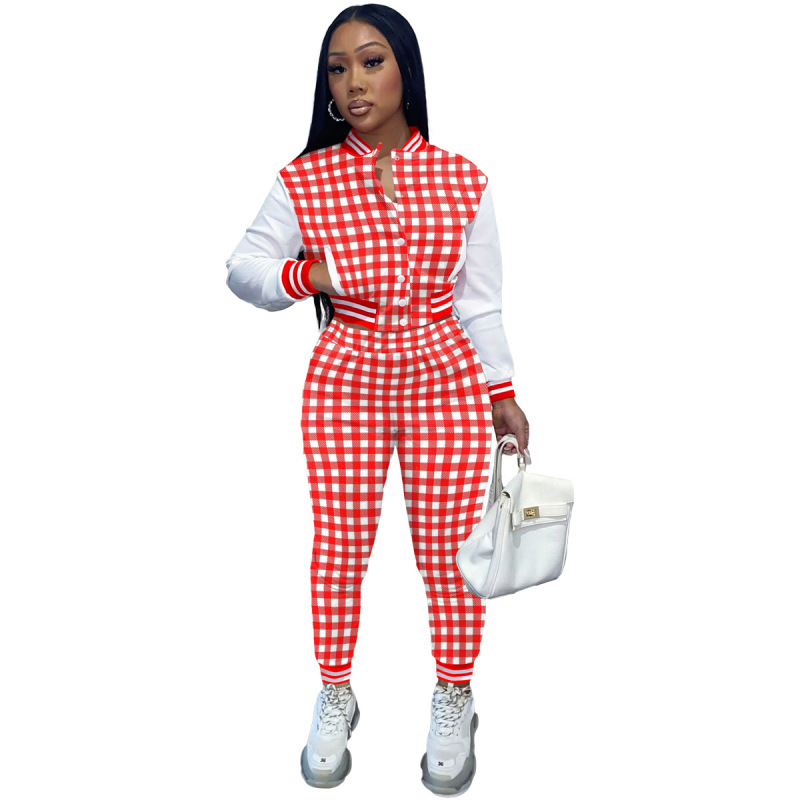Western Style Amazon Hot Sale Autumn Sweatsuit Fashion Leisure Print Spliced Long-Sleeved Baseball Jacket 2 Pieces Women Suit