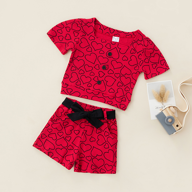 Conyson Fashion Kids Girls 2pcs Clothes Sets Love-heart Printed Ribbed Square Neck Short Sleeve T-shirts Shorts Casual Outfits