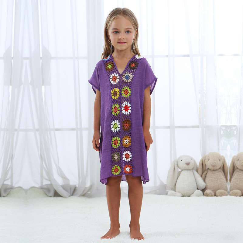 Conyson High Quality Kids short Sleeve Dress 100% polyester hollow out flower pure color Summer Girls Dress Girl Clothes Dress