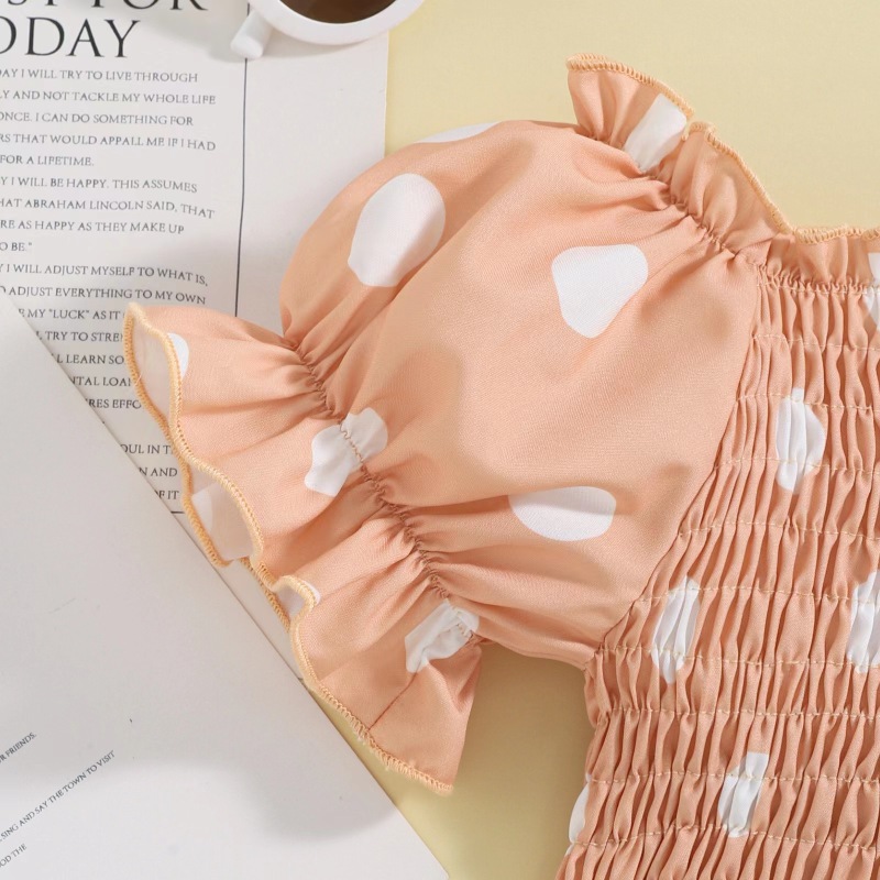 Conyson New Style Low MOQ Dot Puff Sleeve Summer Set Outfits Baby Girl Shorts With Belt Girls Fashion Three Piece Short Sets