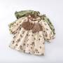 Autumn Winter Velvet Girl Skirts Vintage Floral Dress Leather Vest Spliced Ruffled Sleeve Rural Princess Dress
