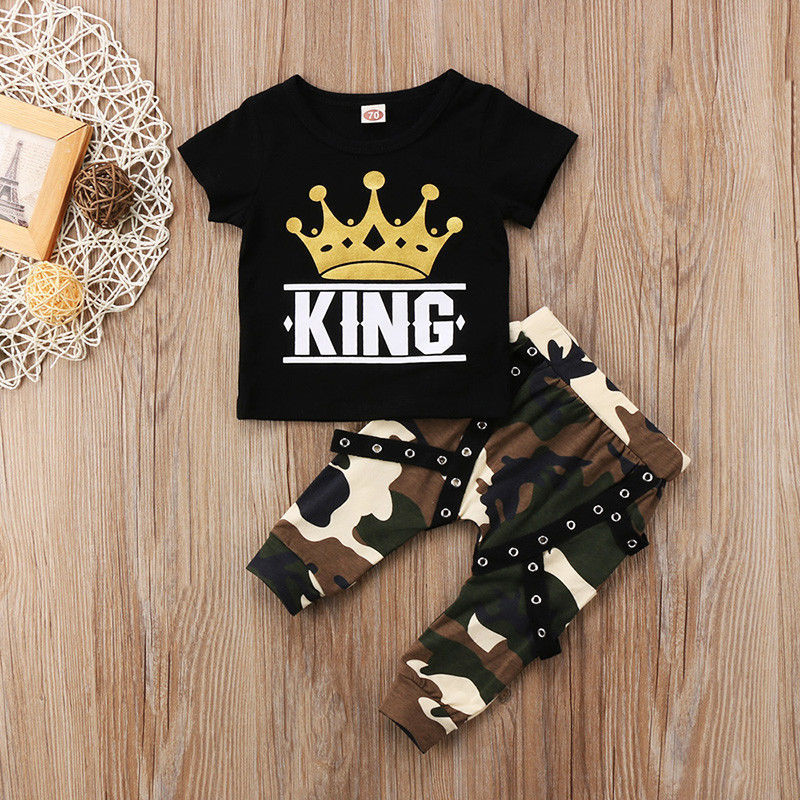 Conyson Baby Boys Camouflage Long Pants+Black T-shirt Suit Sets Kids Boy Crown King Print Short Sleeve Tops Two-Piece Outfits