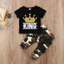 Conyson Baby Boys Camouflage Long Pants+Black T-shirt Suit Sets Kids Boy Crown King Print Short Sleeve Tops Two-Piece Outfits