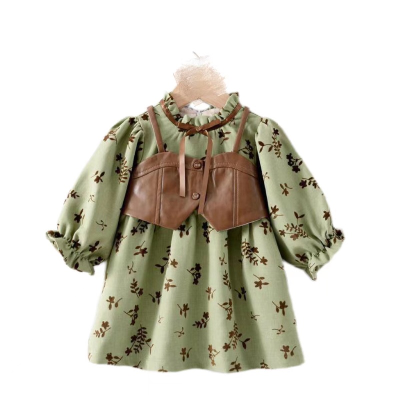Autumn Winter Velvet Girl Skirts Vintage Floral Dress Leather Vest Spliced Ruffled Sleeve Rural Princess Dress