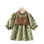Autumn Winter Velvet Girl Skirts Vintage Floral Dress Leather Vest Spliced Ruffled Sleeve Rural Princess Dress