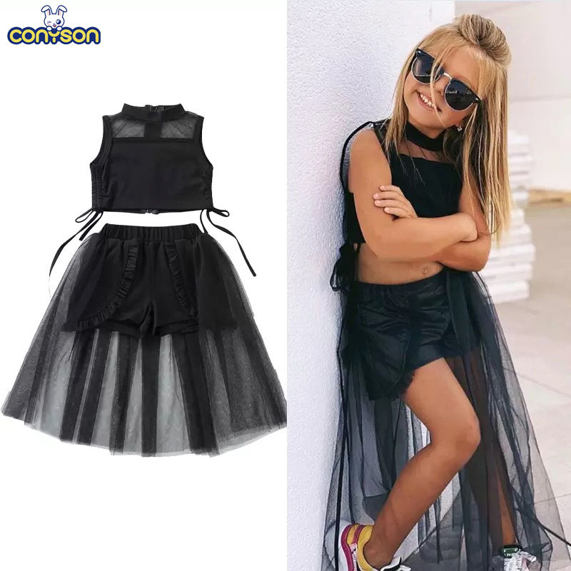 Conyson Hot Sale Summer INS Black Vest Net Gauze Dress 2Pcs Sleeveless Skirt Suit Kids Clothes Baby Girl Clothing Set