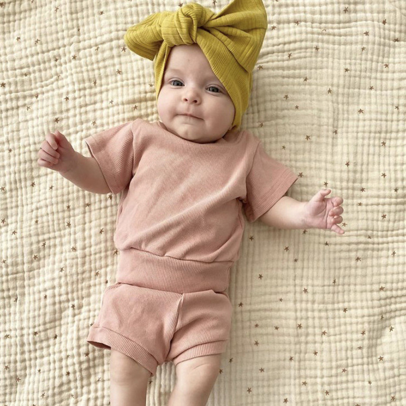 Cotton Casual Summer Newborn Baby Boys Girls Outfits Suit Ribbed Knitted Short Sleeve T-shirts Tops+Shorts 2Pcs Kids Tracksuits