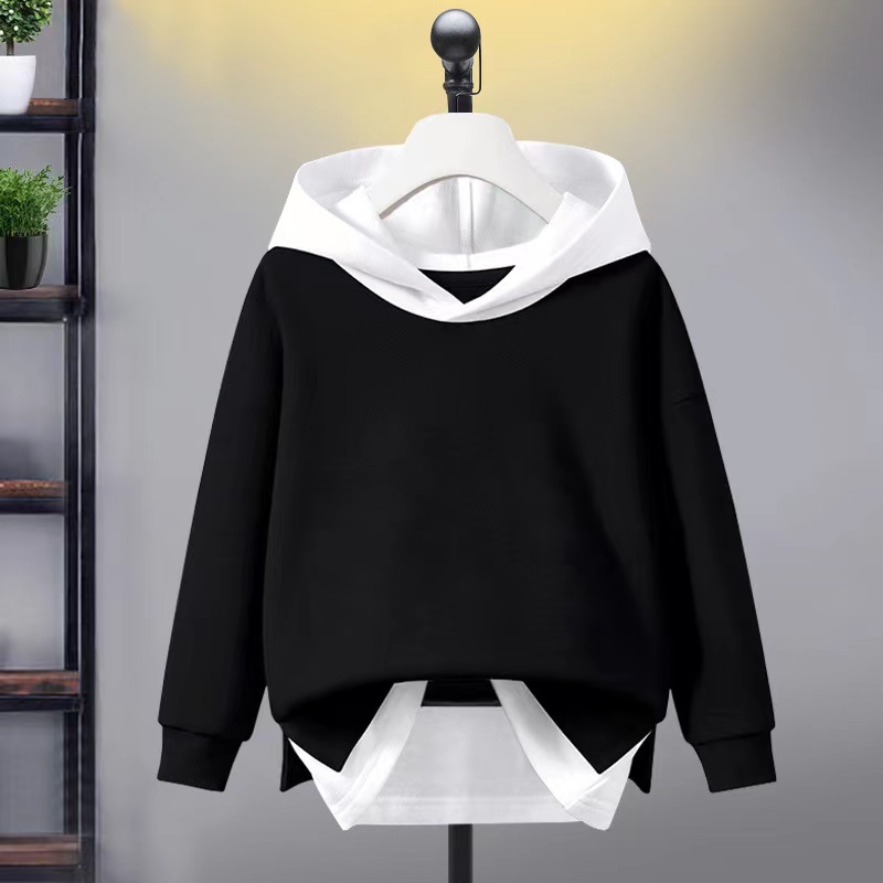 Wholesale Custom Logo Unisex Kids Hoodie Sweater Splicing Stitching Color Assumes Two Pieces Casual Sports Tops Upper Garments