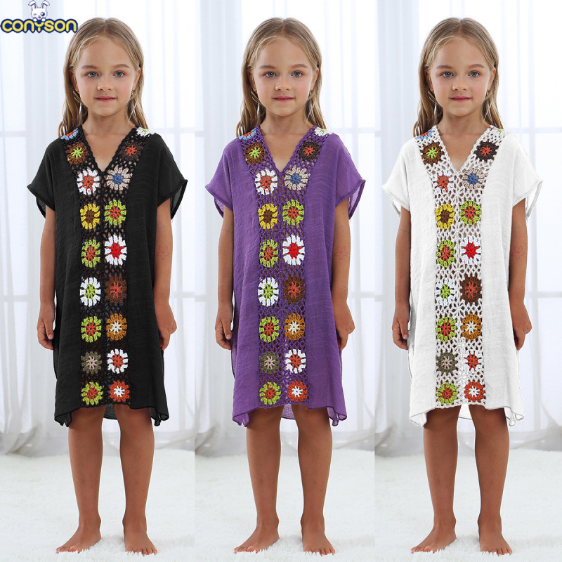 Conyson High Quality Kids short Sleeve Dress 100% polyester hollow out flower pure color Summer Girls Dress Girl Clothes Dress