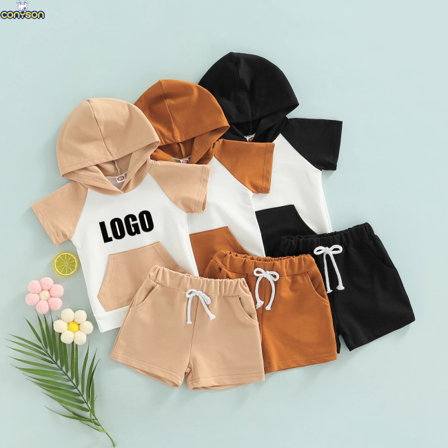 Conyson custom logo made korea fashion designer boutique baby boy cotton hoodie shorts clothing suit kids 2 pieces clothes set